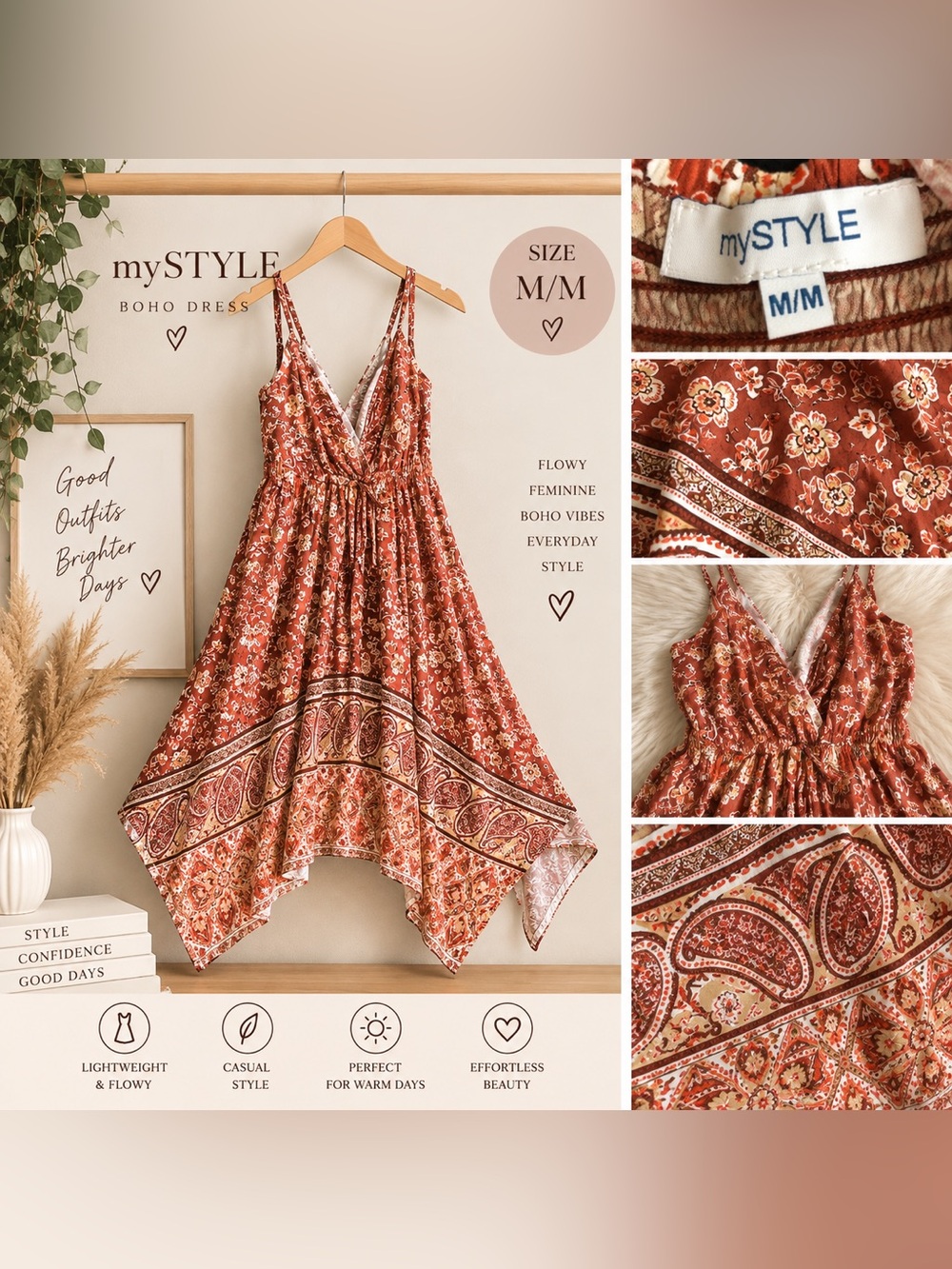 mySTYLE Women’s Boho Floral Handkerchief Hem Midi Dress – Size M